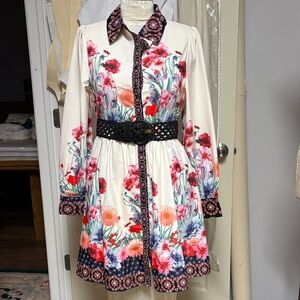 Floral Long Sleeve Dress with Black Trim